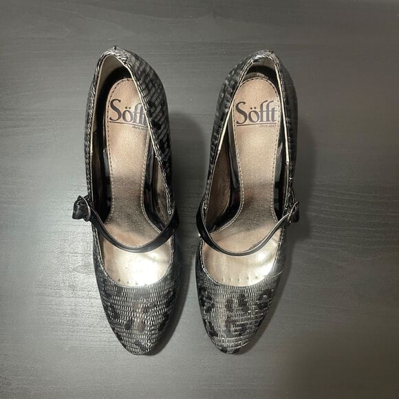 Sofft 6M Leather Miranda Pointed To Mary Jan Black Gray Leather 3‎ 1/2 heel - Picture 2 of 8